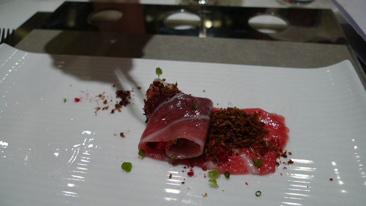 Toro, foie gras powder, freeze fried raspberry