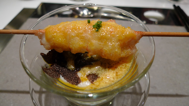 Langoustine, preserved duck egg, English mustard, cauliflower risotto foam, black truffle