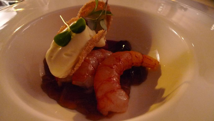 Raw and cooked red prawns from Sicily, crispy amaranth, "Taggiasca" olive oil, beetroot ice cream