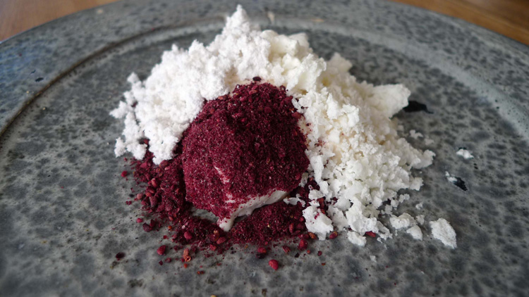 Ice cream, walnut, blackberries and milk dust