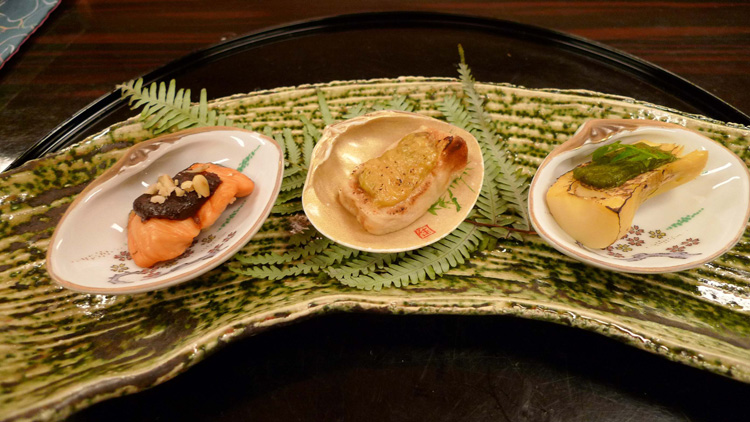 Salmon with red miso paste, gluten with vegetables,Kyoto bamboo with green miso