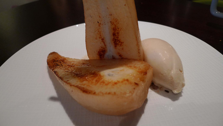 Roasted pear with white tea ice cream