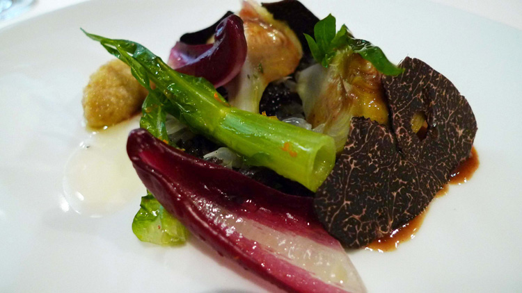 Concassé of black truffles, artichoke, pomelo, jus de cuisson, black truffles shavings and treviso salad