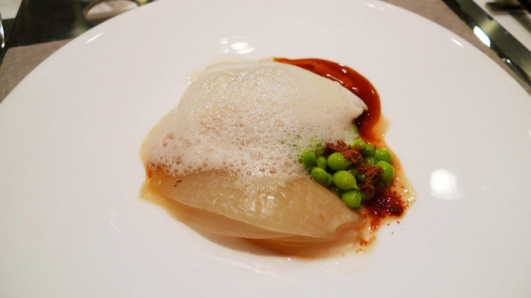 Hunan Ham- honey, cod, chicken jus, peas