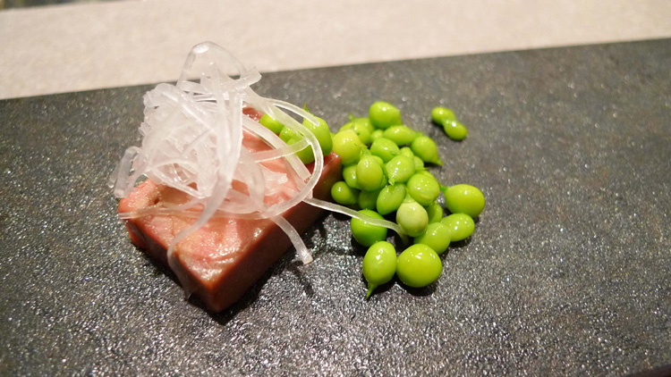 Roses, foie gras,mei kuei lu, pickled daikon, peas