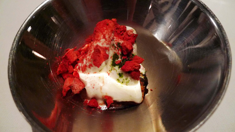 Parmegiano ice cream with modena, basil and strawberry.