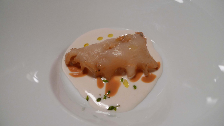 Over a gelatinous pine nut cream, glutinous codfish and mastic resin