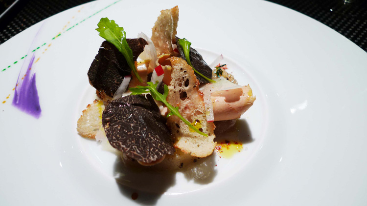 Potato, foie gras, Parmesan cheese and black truffles shavings salad 