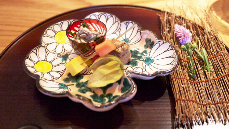 The amuse bouche - spinach with shiitake mushroom and pine nuts; yamamomo berry, duck liver pâté, omelette