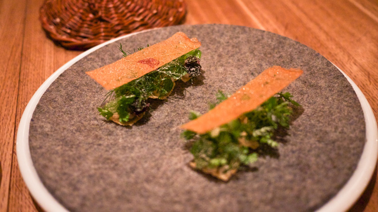 crispy chicken skin toasts with herbs and vinegar dust