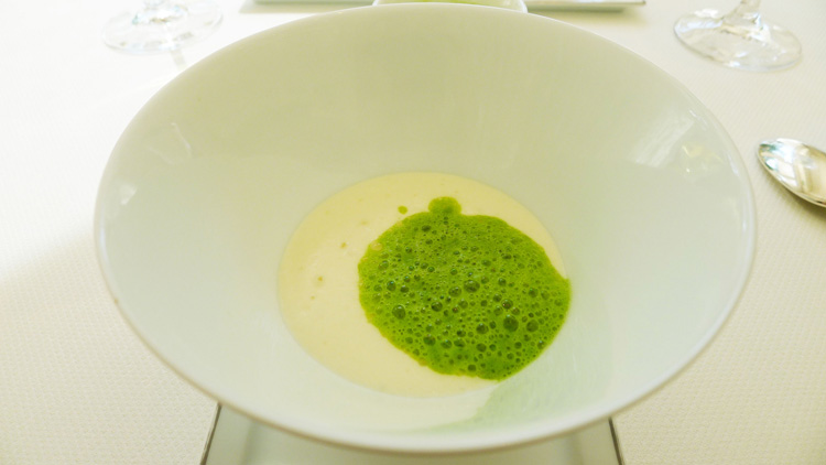 Onion royale (custard) and green peas cream. The onion and peas flavours were very distinctive.  