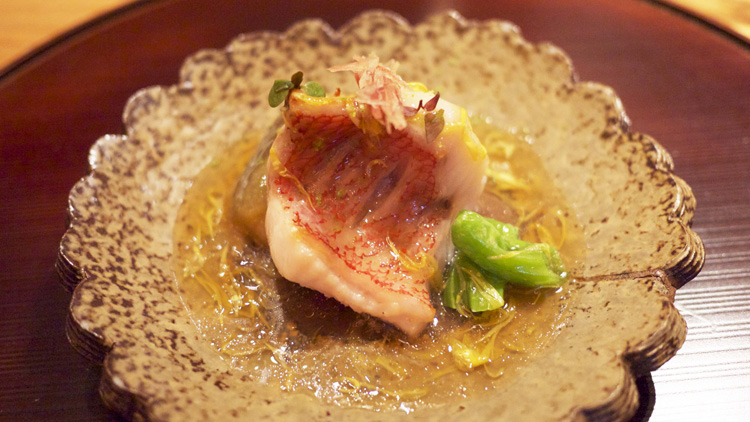 Grilled Alaskan rockfish in chrysanthemum dashi sauce 