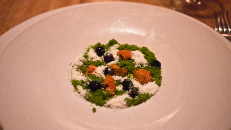 Sea urchins with dill, cucumber and milk snow