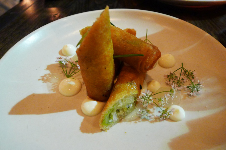 Crispy spring rolls, dun geness crab, lime, pea pods, fines herbes, chilli