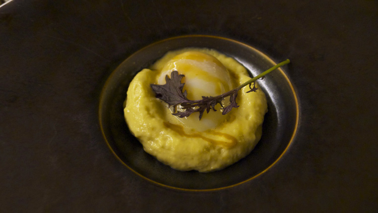Egg with sweetcorn, mustard and caraway pureé
