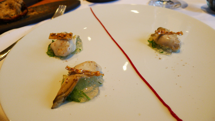 Poached rock oysters, watercress jelly, beetroot