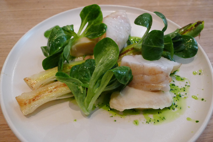 monkfish with leeks and mâche salad