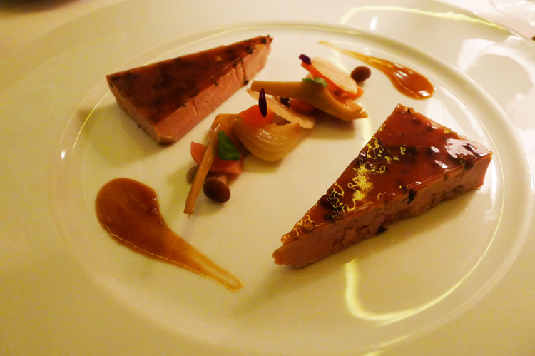 foie gras terrine with peppered jelly and pickled vegetables
