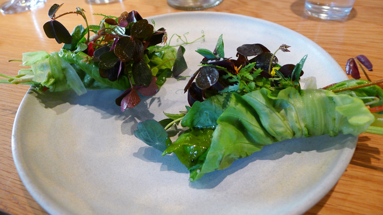 "bouquet" of various herbs with pistachio sauce