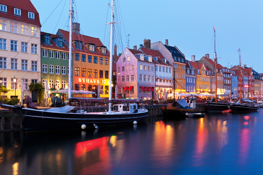 Scenic evening panorama of Nyhavn in Copenhagen, Denmark