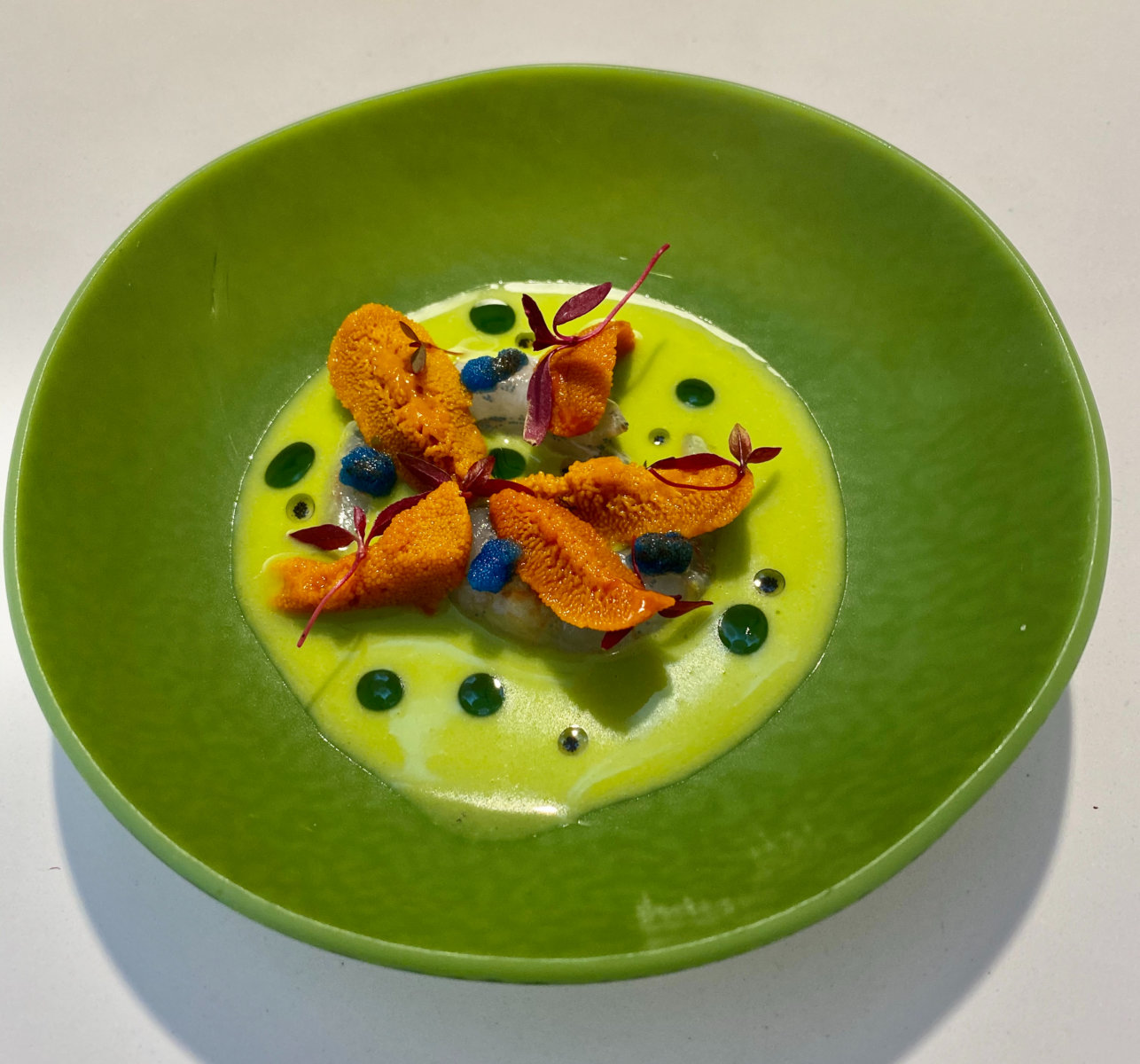 Japapeño chilli gazpacho with "quisquillas de motril", sea urchin, vanille oil and coconut at DiverXo, Madrid