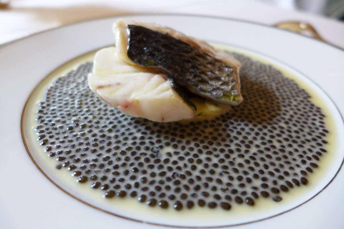 Sea bass with artichokes and caviar at L'Ambrosie, Paris
