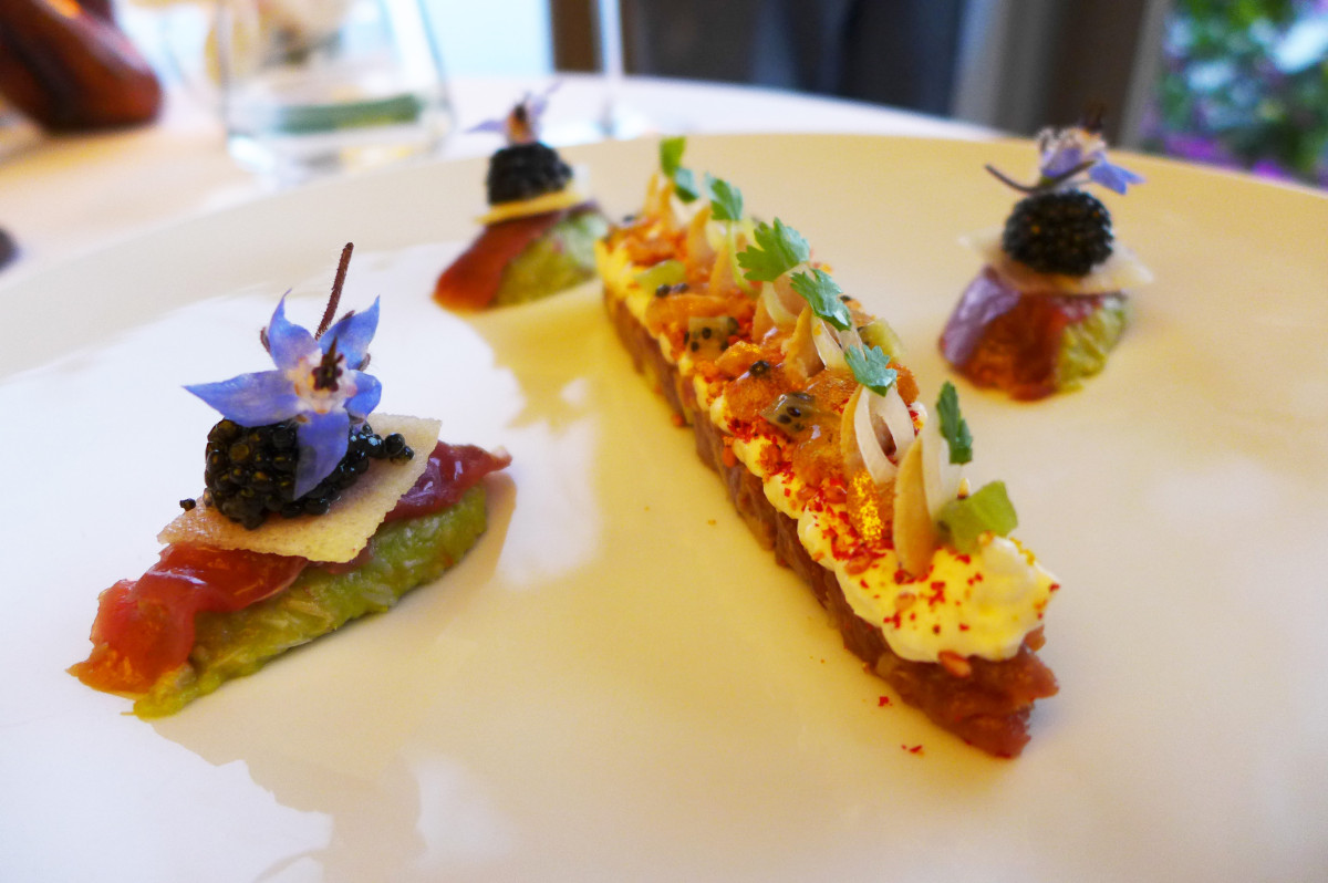 Scorpion fish ceviche, tarama, kiwi, hazelnuts, crab and avocado nigiri, caviar...