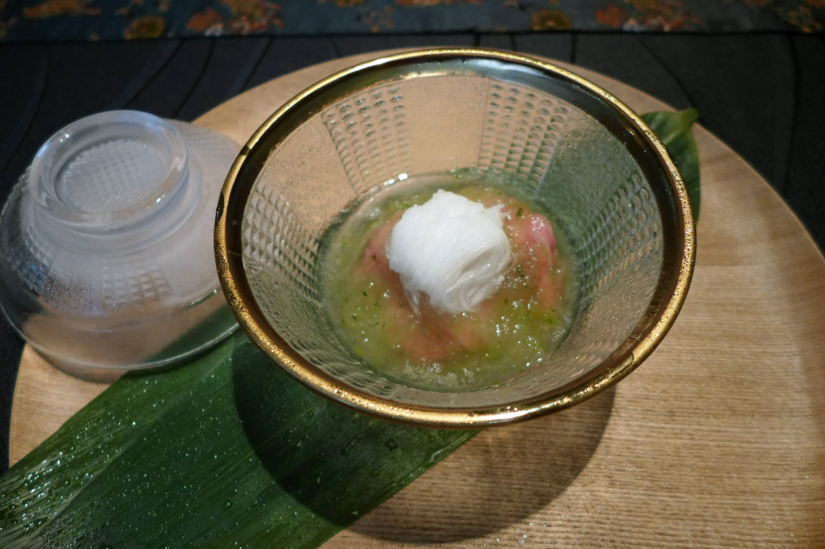 Winter melon soup with yam (potato) julienne and cold shabu-shabu beef