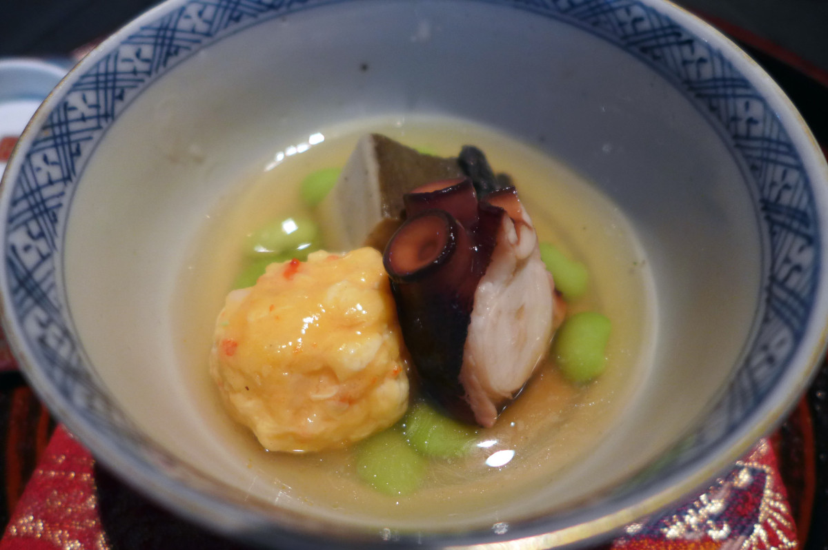 Shrimp ball with simmered octopus and abalone