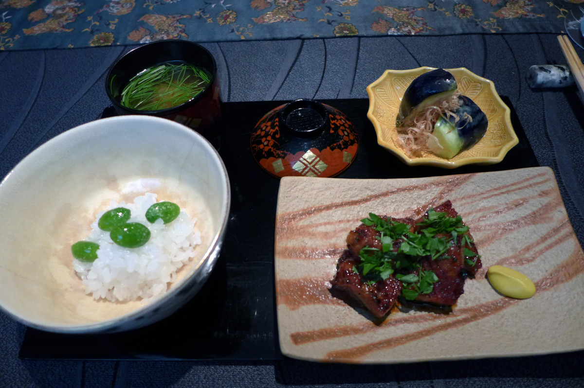 Pork neck grilled on charcoal and straw smoked with wild honey soy sauce and mustard. Early ginkgo nuts rice and red miso soup.