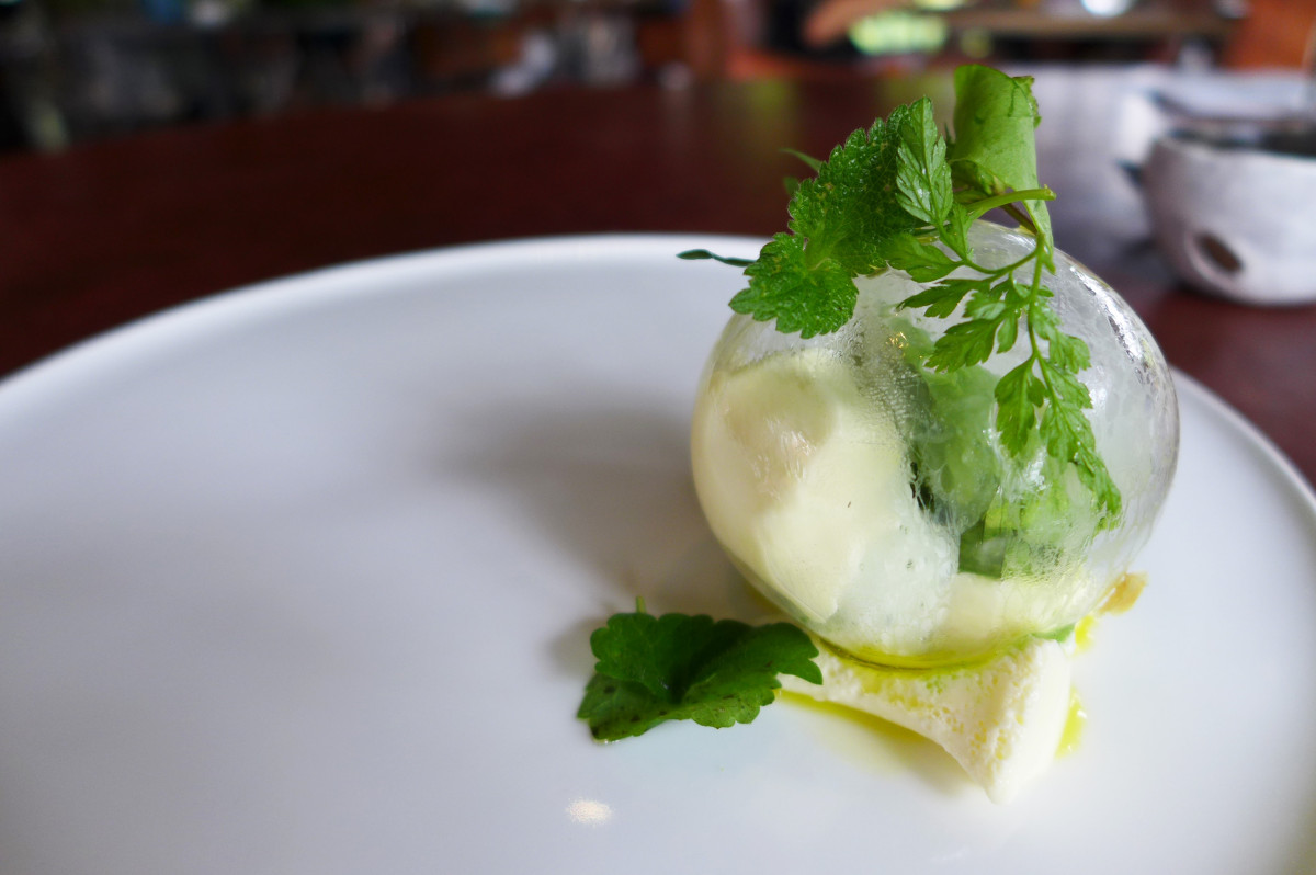 Sugar sphere with sorrel ice cream,mint and ciceley at La Grenouillere,La Madeleine-sous-Montreuil