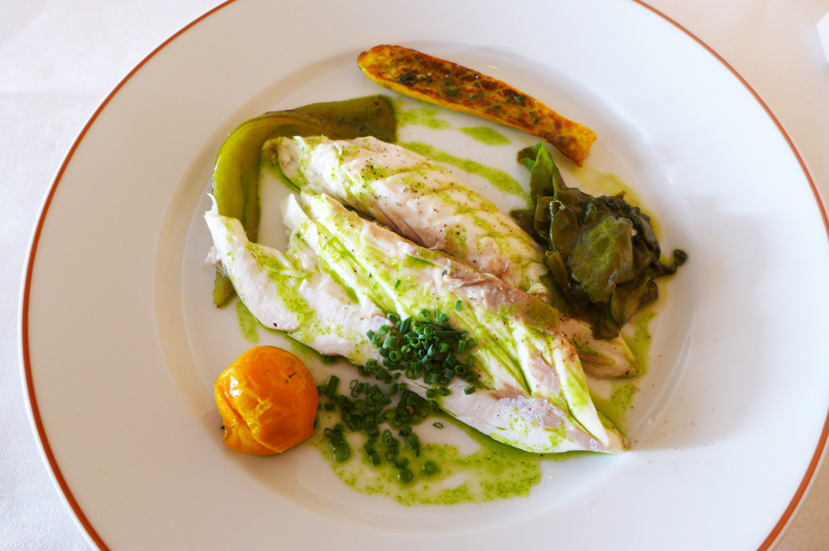 Sea bass with green tea sauce at L'Arpège, Paris