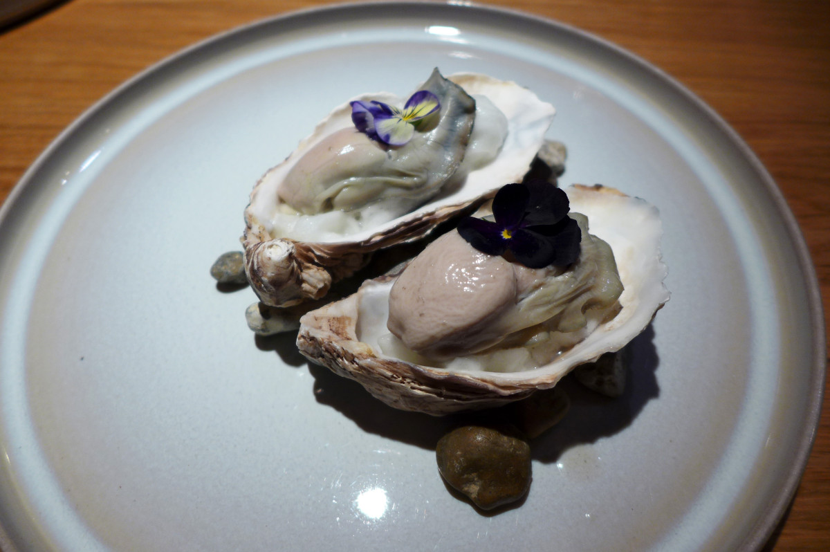 Poached oysters- one of them is slightly smoked