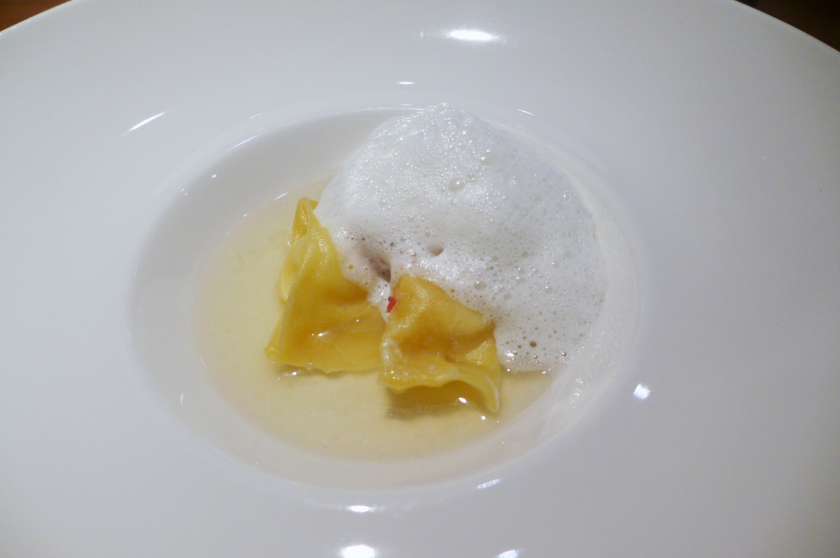 Liquid parmesan ravioli at Hedone, London