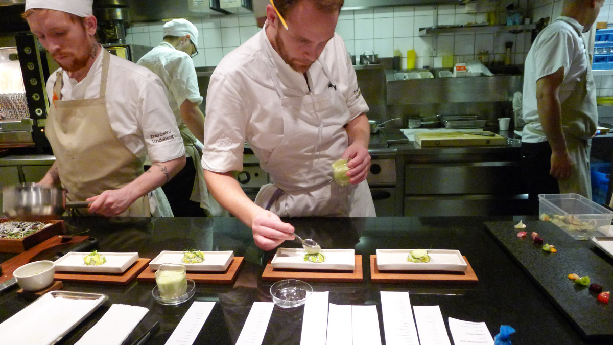 Chef Björn Frantzén preparing "langoustine with celery and essence of pressed apples"