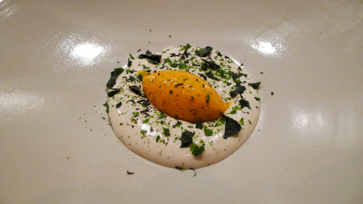 Sea buckthorn sorbet with whipped Oolong mousse, meringues with matcha tea & crystalized sea lettuce