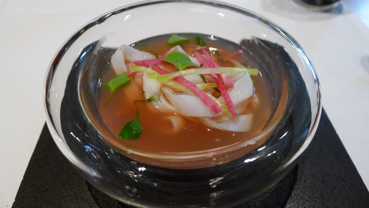 Squid bouillon ( made from squid water), squid tagliatelle, radish