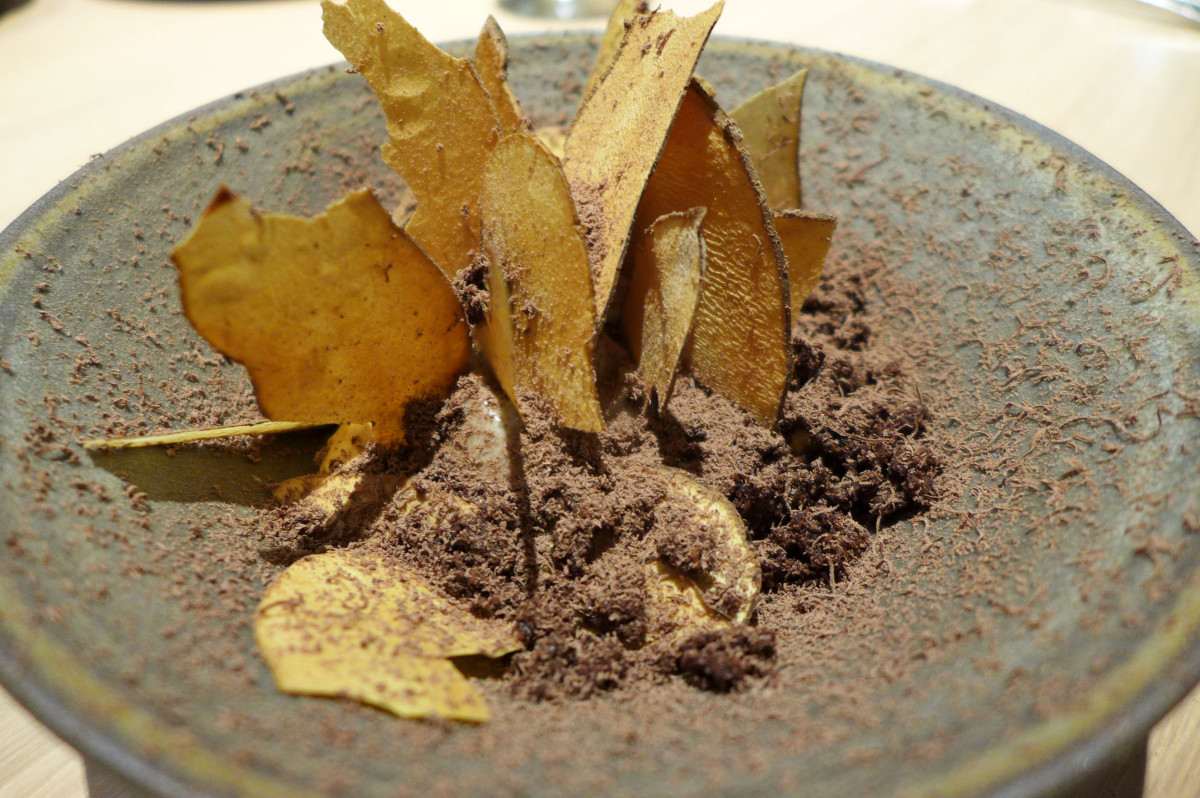 Chocolate dessert with Jerusalem artichokes chips