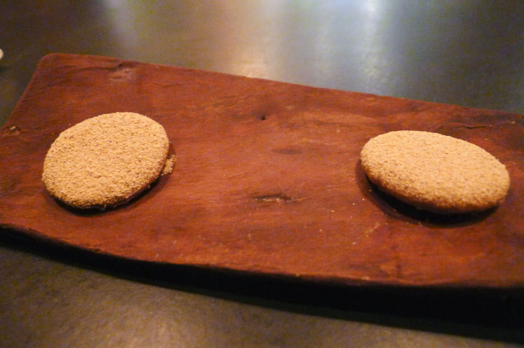 "Flax seed cookie, coriander, pine nuts butter"