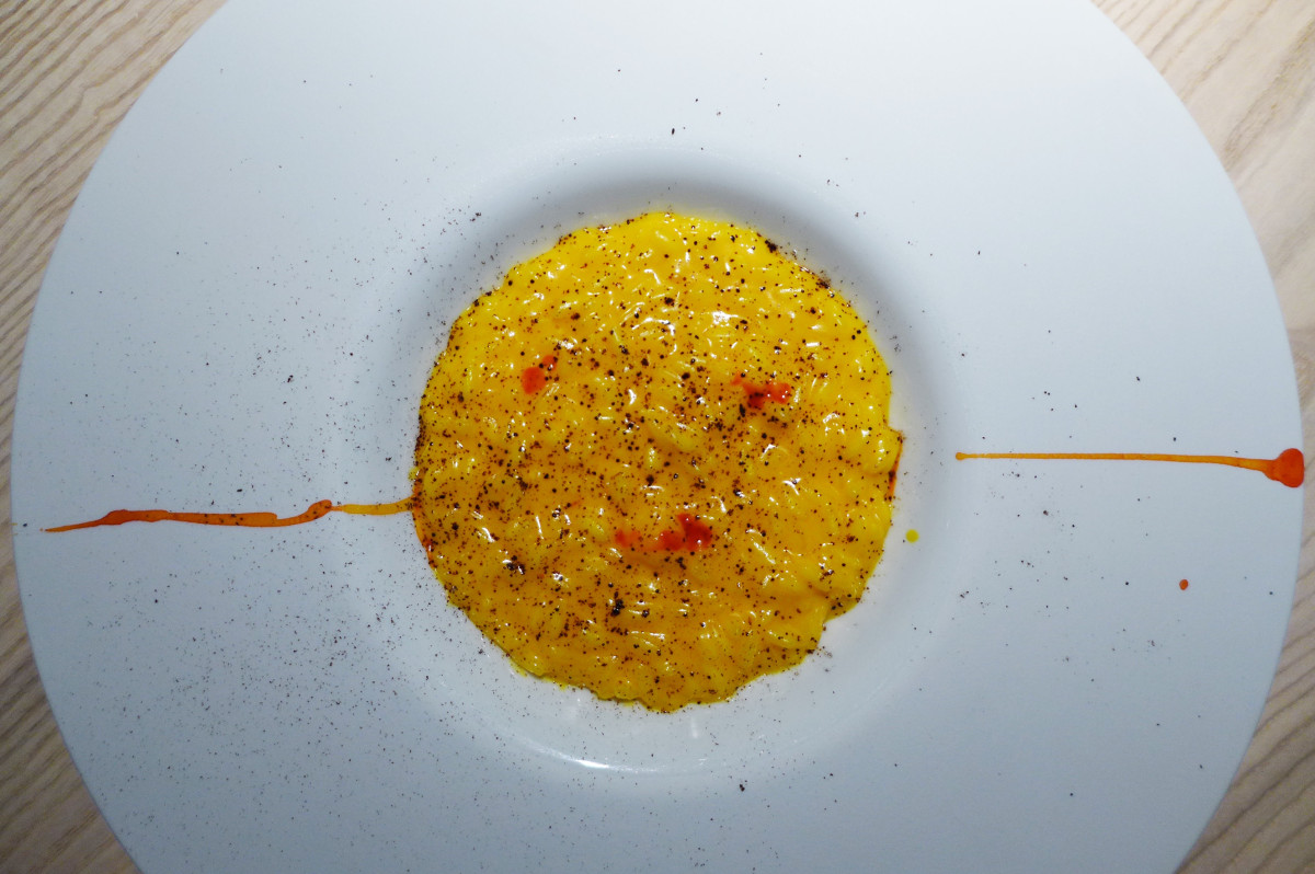 Risotto with saffron and liquorice powder