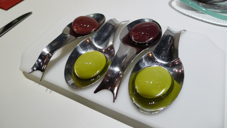 Black and green spherical olives