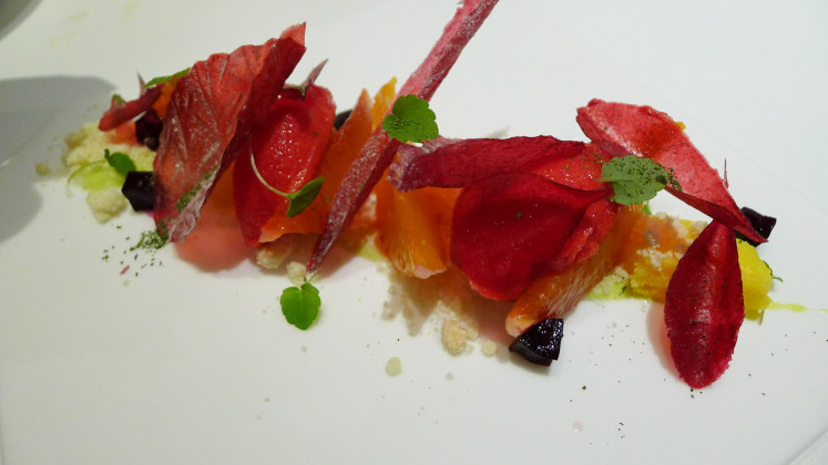 Orange flower, zest orange ice cream and beetroot petals