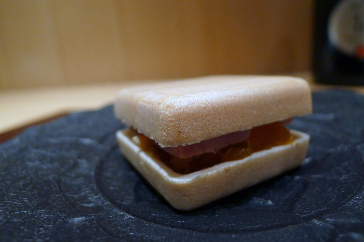 Foie gras waffle with Japanese persimmon and smoked radish