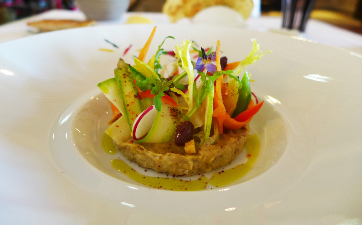 Eggplant caviar with raw spring vegetables