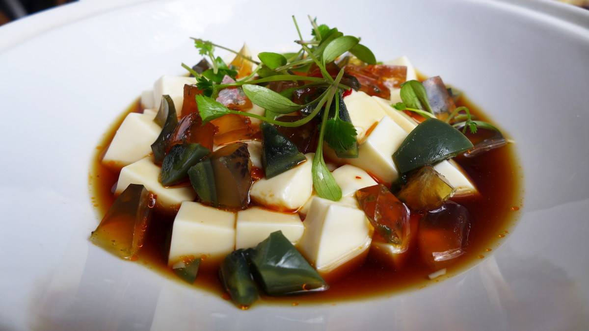100 year old egg in sweet, chilli soya and marinated tofu