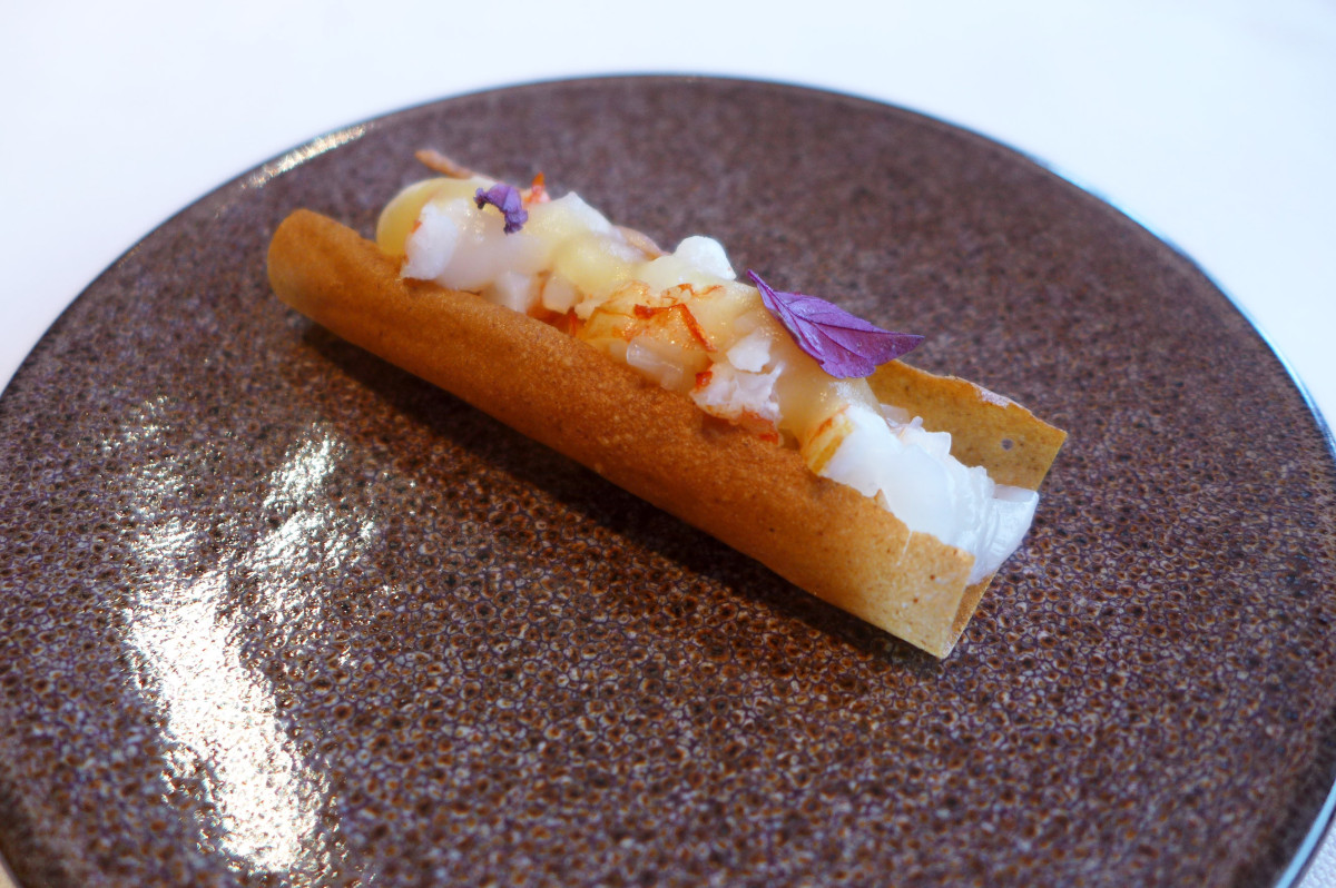 Langoustine with soy and apple purée , shiso leaves, crisp flavored with langoustine