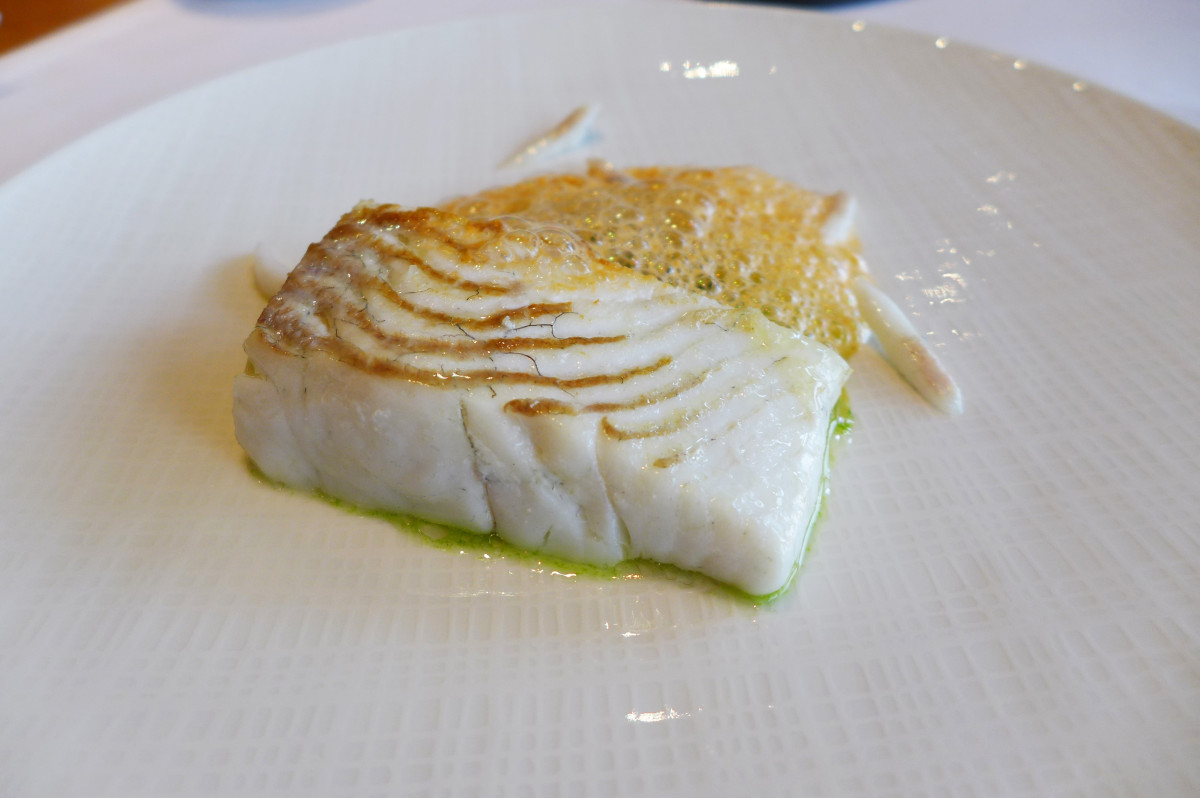 Brill with watercress purée and scallops coral foam