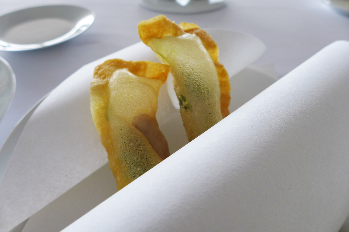 Sea bass and tarragon tempura. Look how thin the batter is.