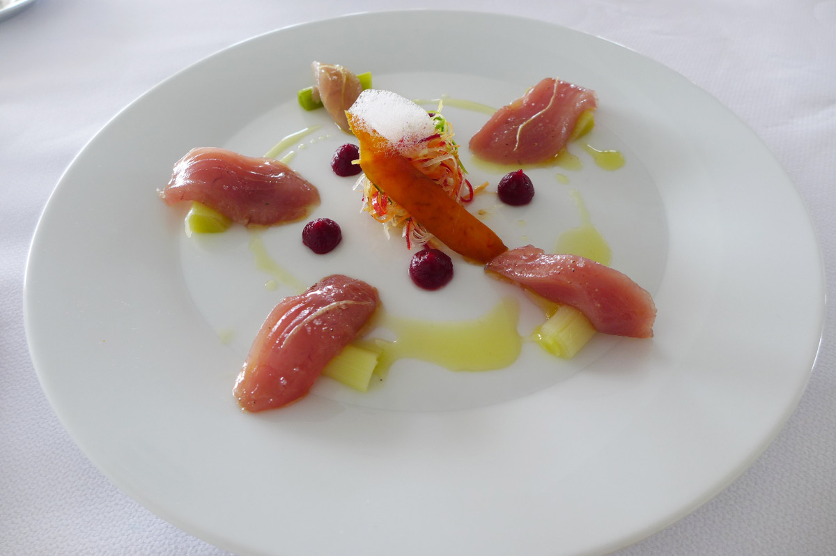 Bonito and mackerel sashimi, botargo, vegetables  julienne, sea water emulsion