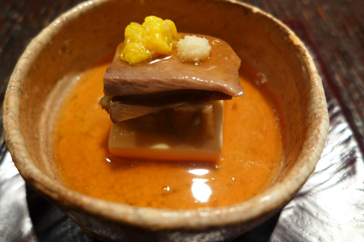 Beef tongue with tofu and eggplant